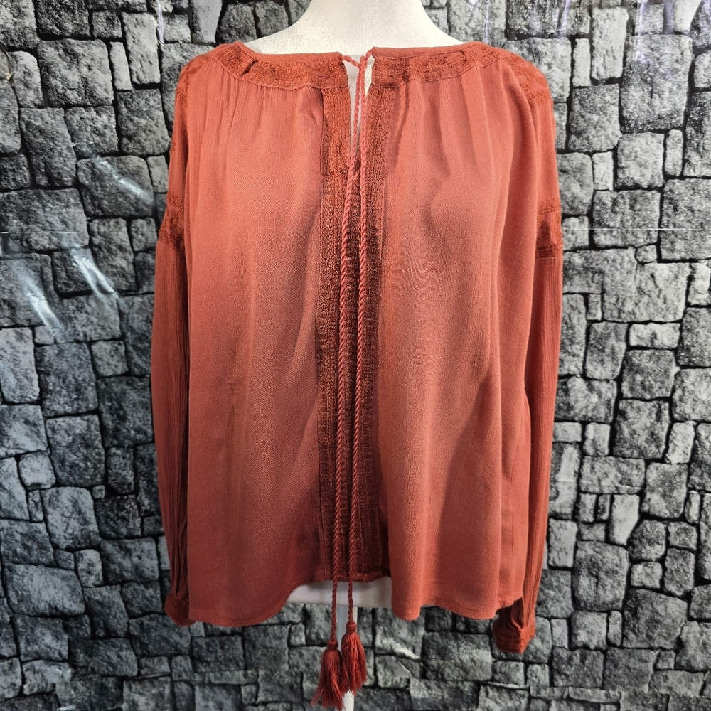 Cienna Small Chic Women's Terracotta Blouse with Tassel Detail